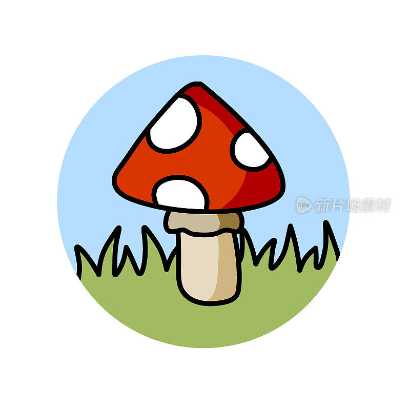 蘑菇标志围成一个圈，带红帽子。绿草如茵。自然风光。