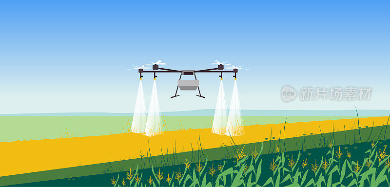 矢量插图智能农业技术与灌溉无人机。农业企业创新技术。自动喷水灭火直升机。可编辑的矢量图