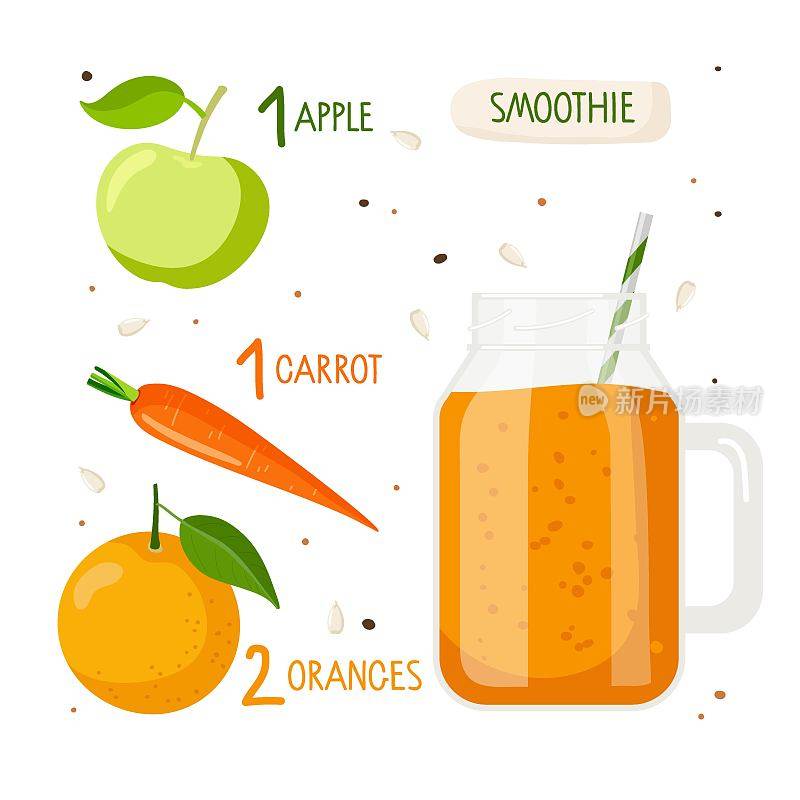 水果蔬菜冰沙配方。梅森罐配橘子奶昔，食材。橙子，胡萝卜，苹果。充满活力的新鲜的饮料。有机配方。正确的营养和健康的生活方式理念。
