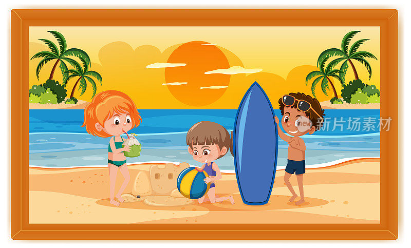 孩子们在暑假场景照片在一个框
