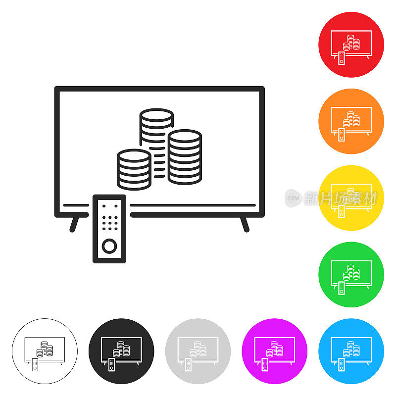 电视和一堆硬币。彩色按钮上的图标