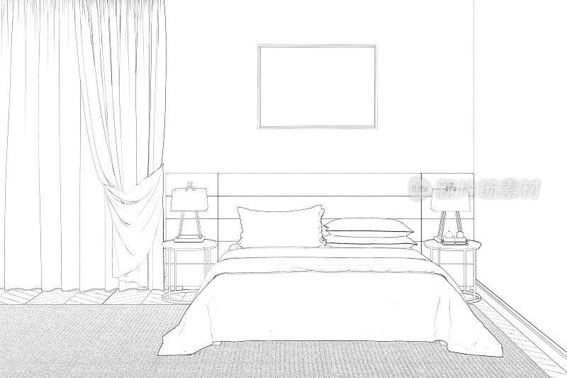 床头板上方的卧式海报，床头柜两侧的台灯和床罩，窗户上的经典窗帘。