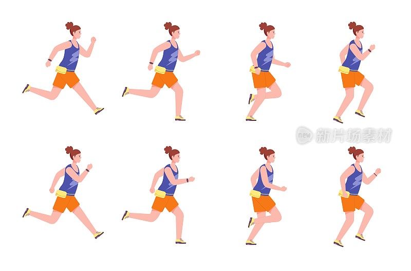 女人序列运行。Sprite动画奔跑的女人向前，自行车运动员摆慢跑腿运动2d动画健身运动员profile在运动运动鞋辉煌的矢量插图