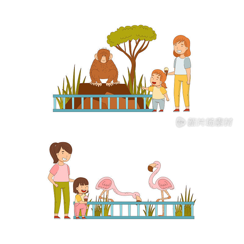 在动物园与快乐的小女孩和母亲看着猴子和火烈鸟围栏矢量插图集