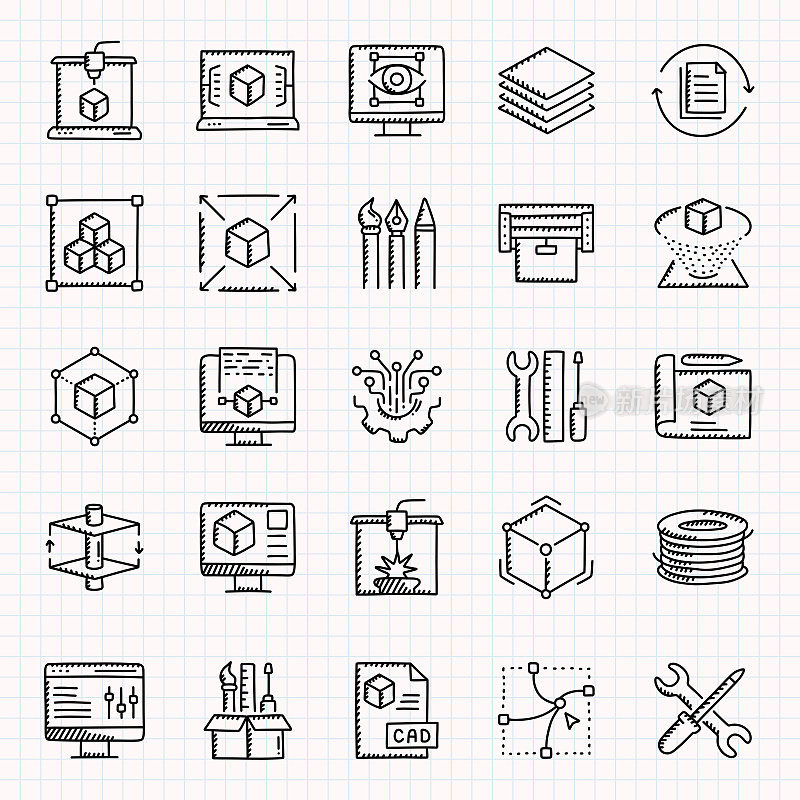 3D打印和建模相关手绘图标集，涂鸦风格矢量插图