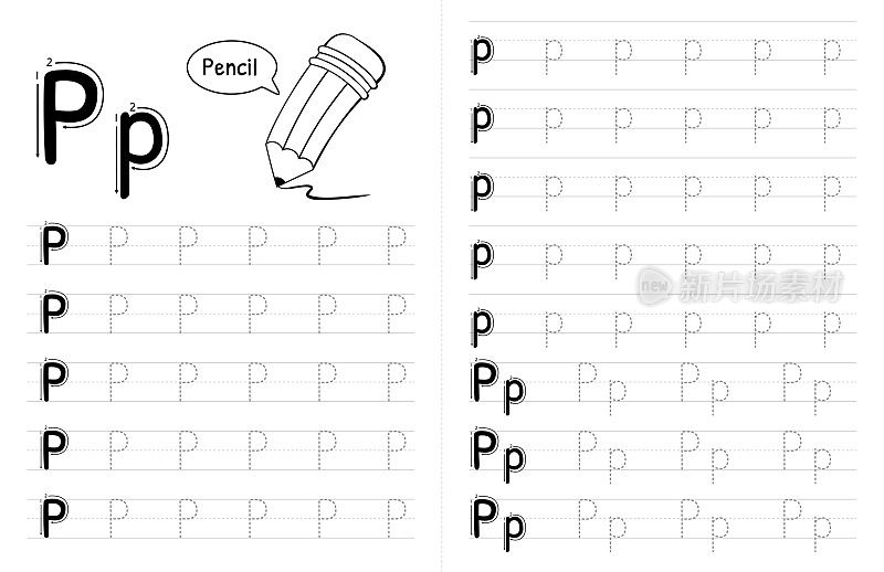 ABC字母追踪儿童书籍内部。孩子们写带有图片的作业纸。高级矢量元素字母P。