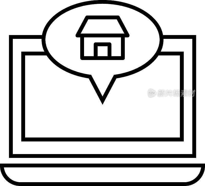 计算机、互联网和通信的概念。现代单色标志在平面风格。适用于网站，商店，书籍等。笔记本电脑显示器上的语音泡泡内框图标