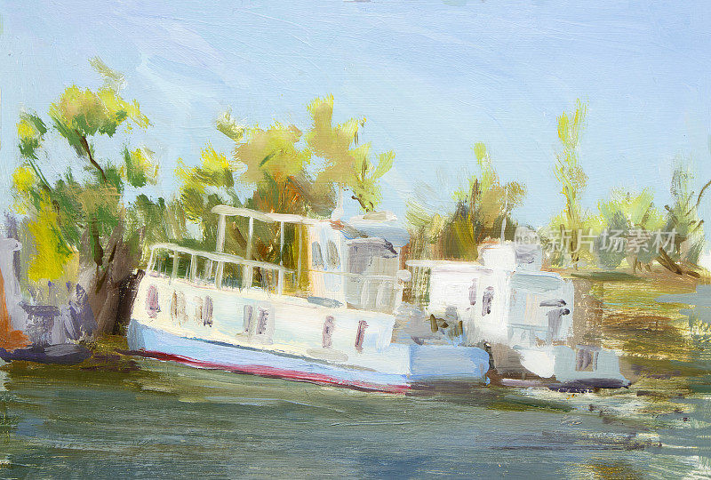 在纸板上画油画《岸边的游船》。