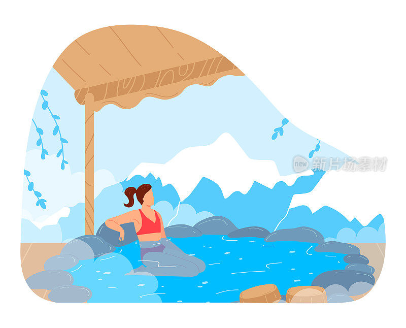 女子在日本度假，日本人的温泉浴池为女性人物矢量插画。放松在岩石自然，卡通热水与蒸汽。