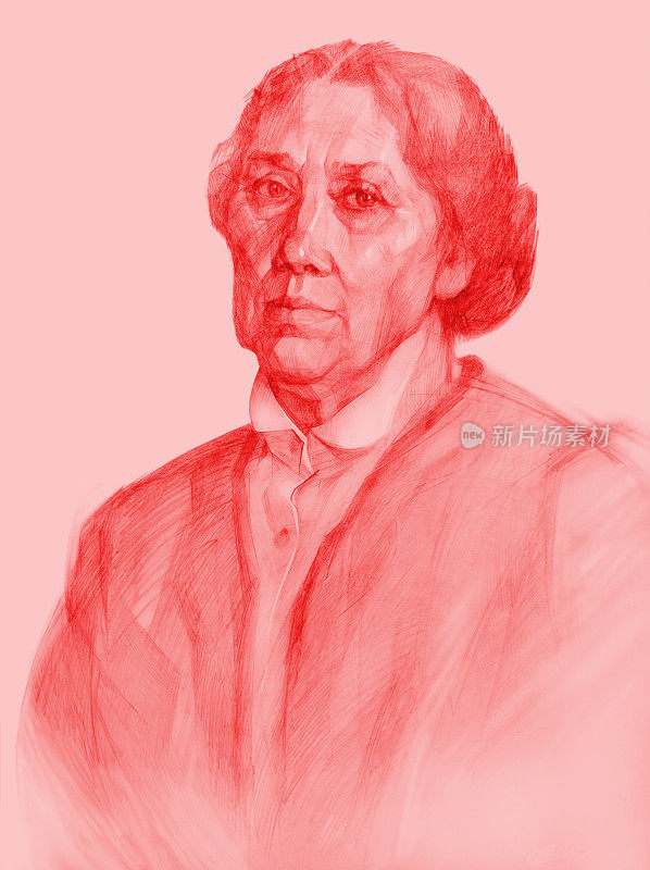 插图铅笔画在红色肖像的老年妇女在衬衫领和夹克