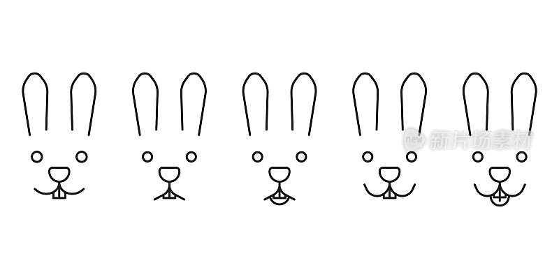 兔脸组，不同情绪的宠物头，线图标。兔子是平静的，悲伤的，惊讶的，快乐的，笑着伸出舌头。通过耳、眼、口、鼻的面部表情。向量