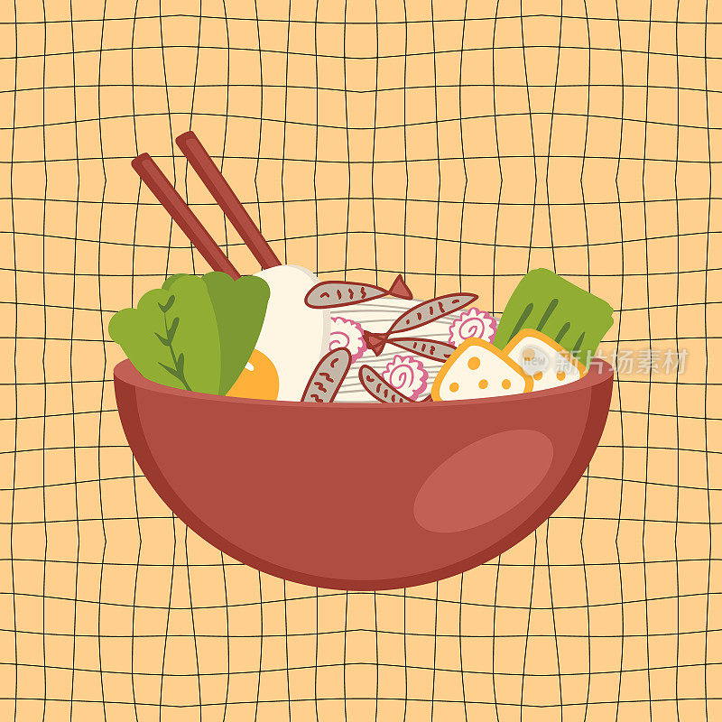 Niboshi亚洲美食拉面汤与干沙丁鱼。完美的t恤，贴纸，菜单和文具。矢量插图装饰和设计。