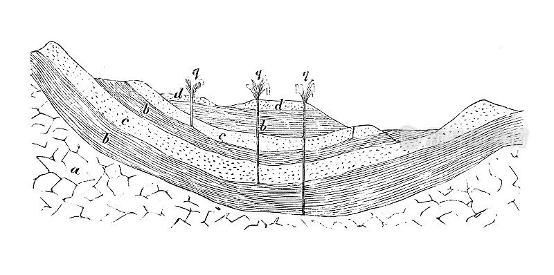 地质学古董插图:自流含水层