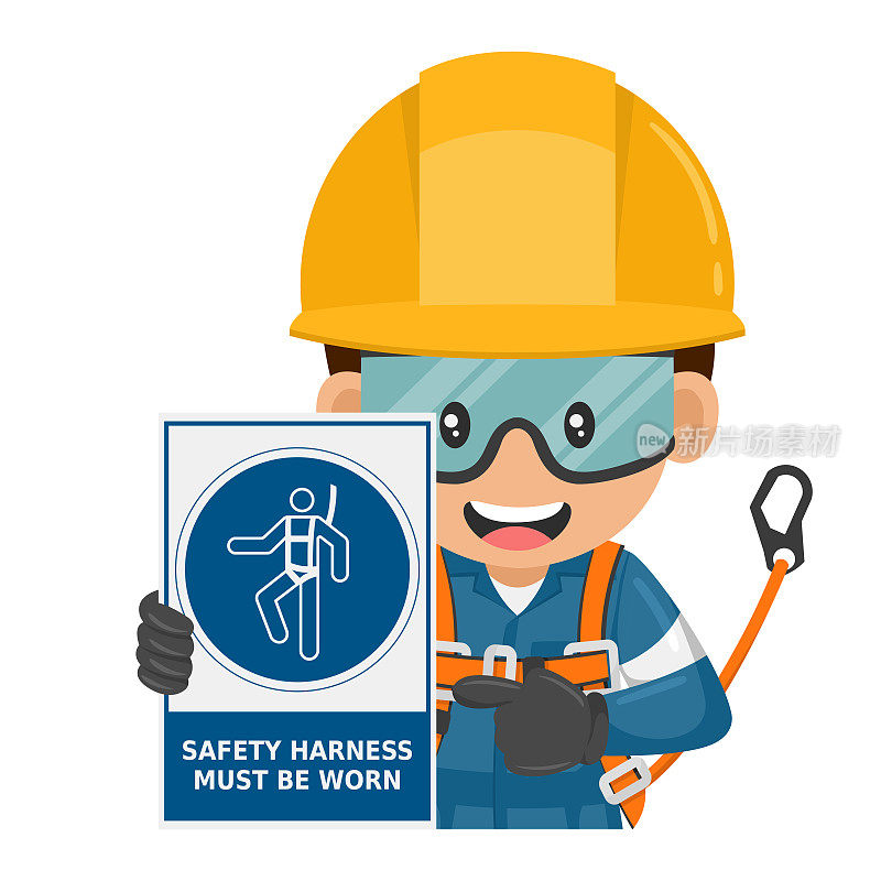 佩戴安全带的产业工人强制使用警示标志。必须戴上安全带。工作场所的工业安全和职业卫生