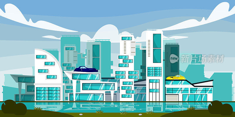 现代未来城市的矢量插图。未来的卡通城市景观，新建筑，飞行的汽车，在河边。