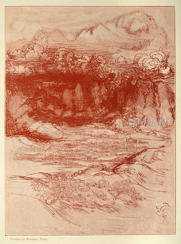 风景和喷水口，文艺复兴早期艺术，达芬奇的素描