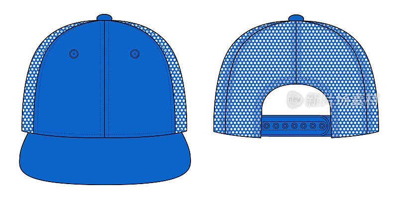 蓝色嘻哈帽与网格四面板背面模板在白色背景