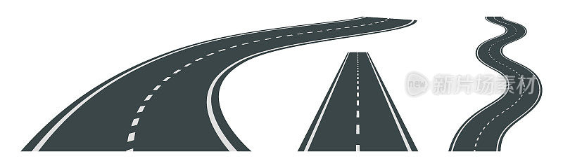 弯曲道路的矢量插图与白色背景上的白色标记隔离。远景中的柏油路。空荡的弯道公路集合。