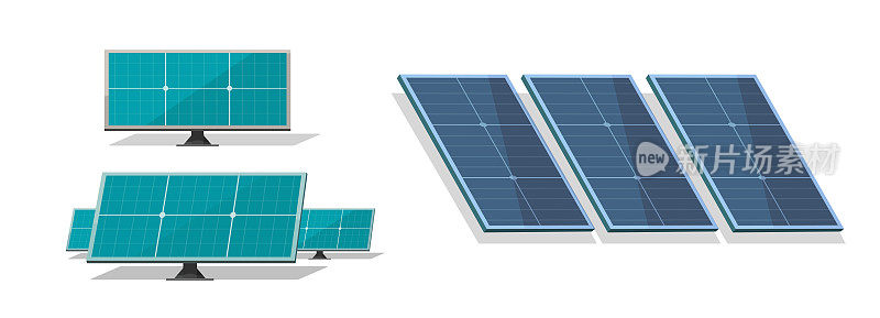 太阳能电池板组件蓝色电池矢量图标或光伏替代能源系统隔离切割平面和三维卡通插图图形，发电技术图像
