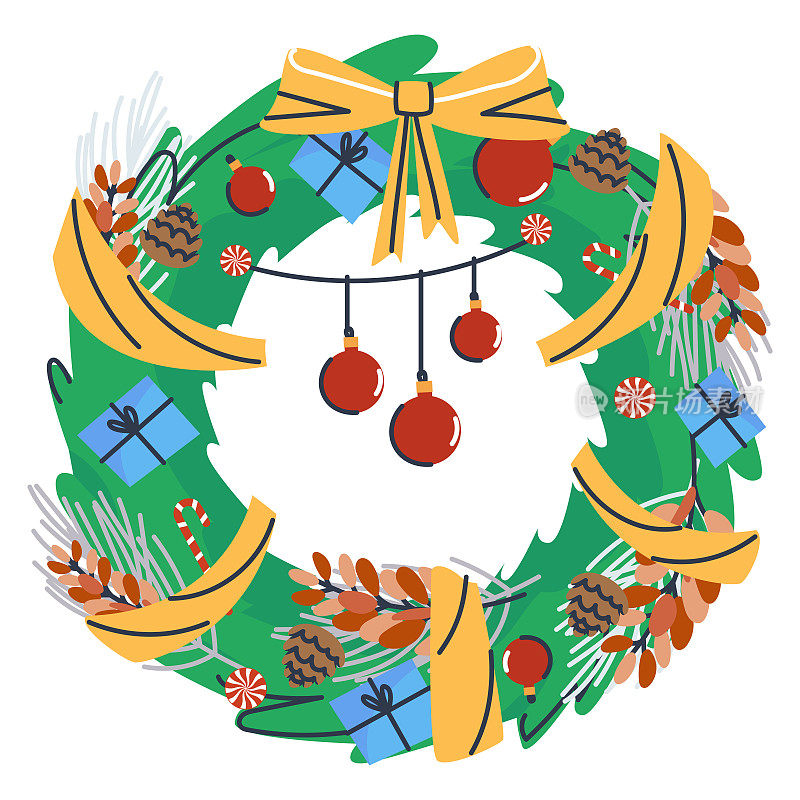 绿色云杉的圣诞花环。用黄丝带和红色圣诞球装饰。彩球挂在花圈中央的丝带上。