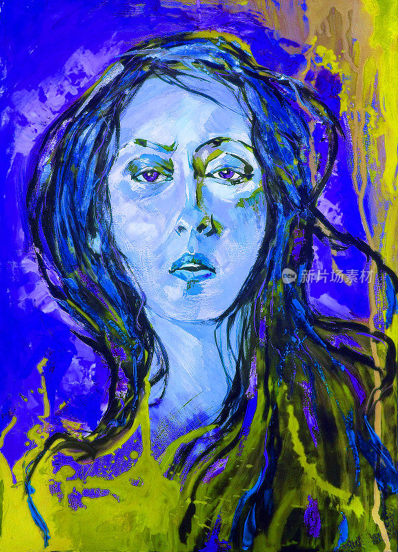 插图油画肖像与飘扬的头发在黄色和蓝色调的背景女人