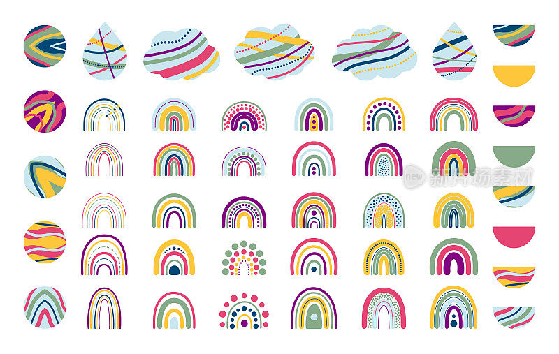五颜六色的彩虹，云朵，圆形，半圆形。幼儿园艺术设计为装饰，童趣印花为面料，墙面艺术。手绘矢量插图。