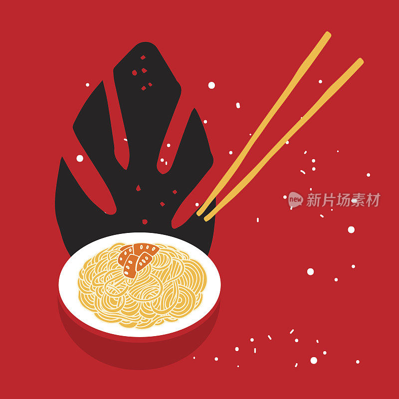 手画面条碗与筷子彩旗亚洲美食