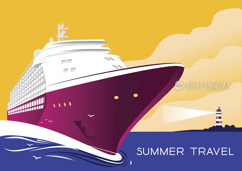 夏季旅游游轮。复古艺术装饰海报插图。