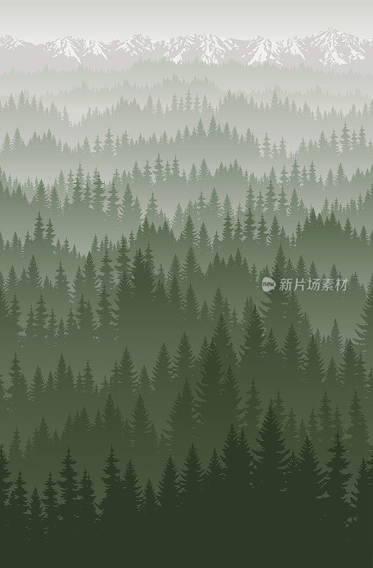 矢量山森林与雾背景纹理无缝图案