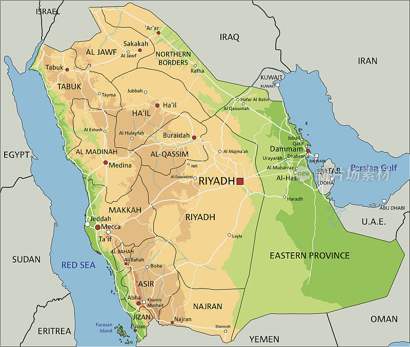 高详细的沙特阿拉伯物理地图与标签。