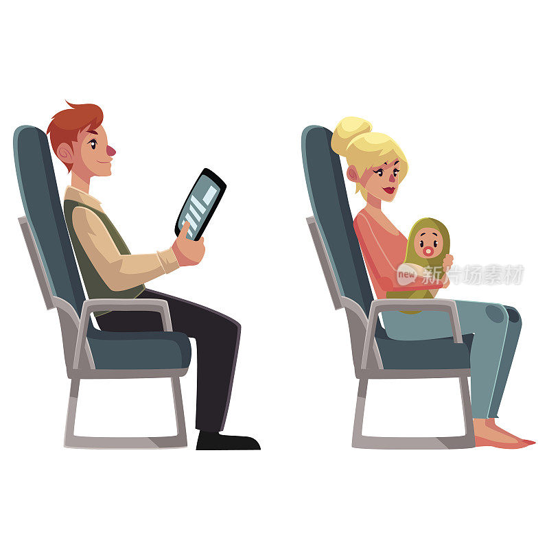 飞机上的乘客——抱着婴儿的女人和在看平板电脑的男人