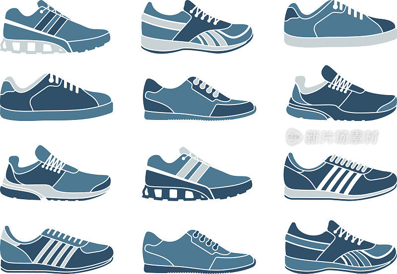 向量插图的一套16蓝色运动鞋