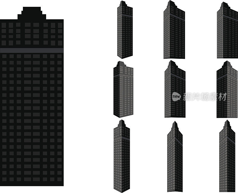 塔建筑向量集。城市与景观的集合。景观丰富的建筑物