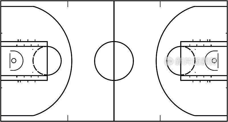 在白色背景下孤立的篮球场。顶视图矢量插图。
