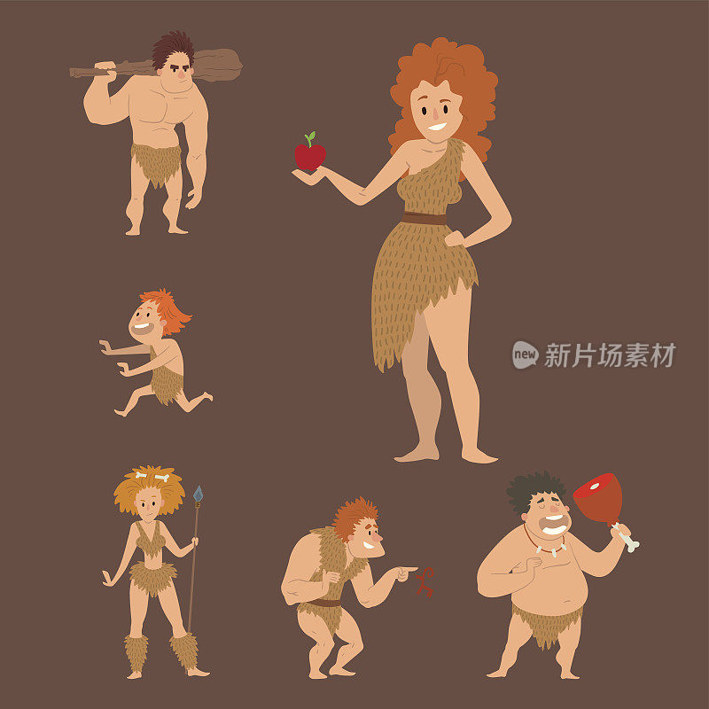 原始人原始石器时代卡通尼安德特人性格进化矢量插图