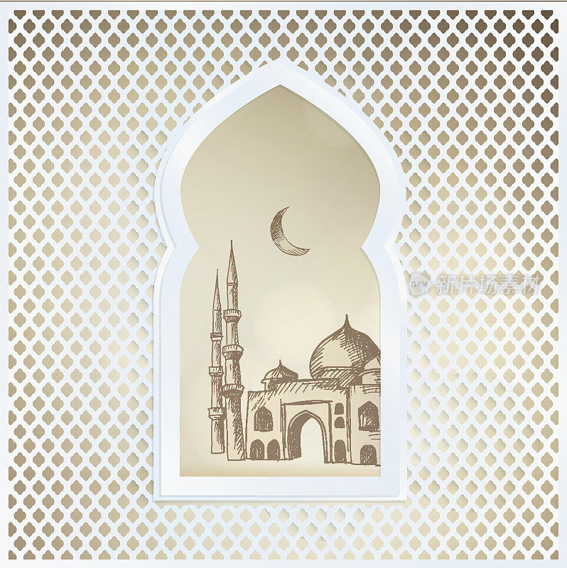 阿拉伯窗与手绘的月亮和清真寺。贺卡，穆斯林社区圣月斋月卡里姆的邀请。背景矢量图