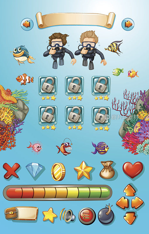 游戏模板与潜水员和海洋动物