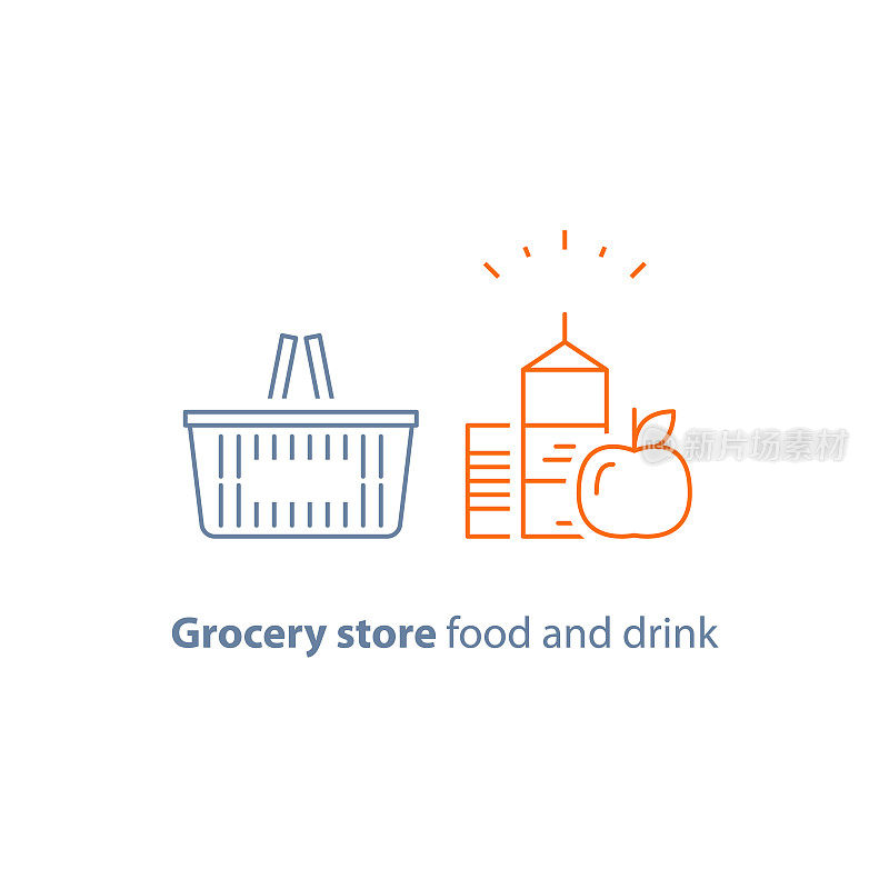 商店篮子，食品和饮料，杂货订单，特别优惠促销，矢量线图标