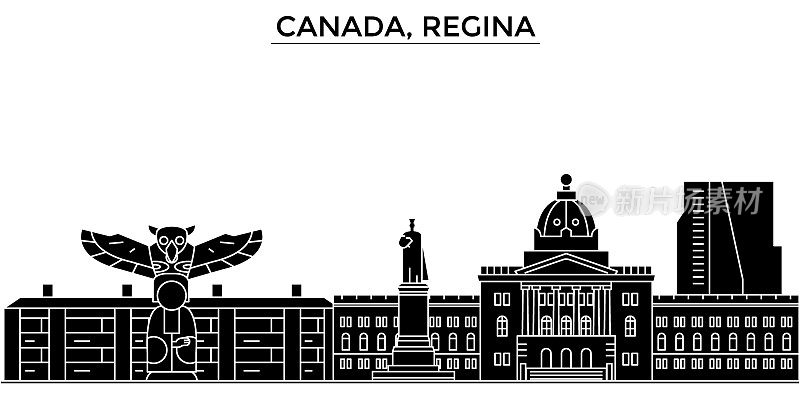 加拿大，里贾纳建筑向量城市天际线，旅游城市景观与地标，建筑，孤立的景观背景