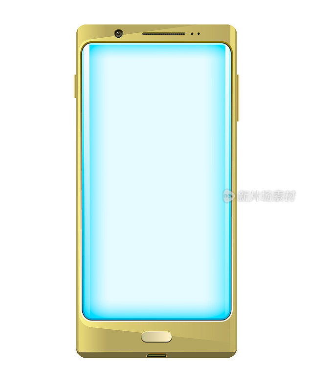 蓝色屏幕的金色智能手机。移动电话与蓝屏上的白色背景矢量插图。