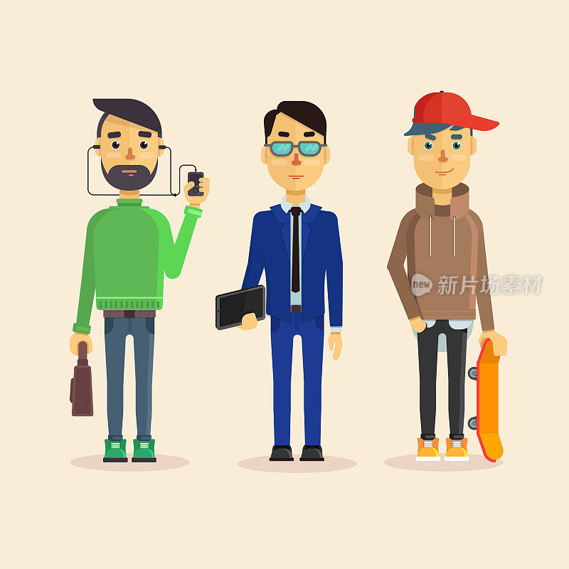 一组三个男人:经理，办公室职员或商人和一个年轻的滑板者。