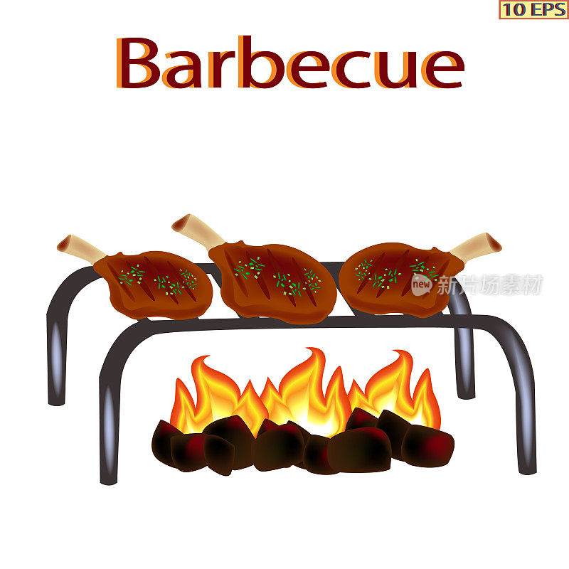 篝火上烤牛排。切肉。烤肉串。烧烤。肉在炭火上烤。炸牛排，羊肉，鸡肉。烤牛排。矢量插图。