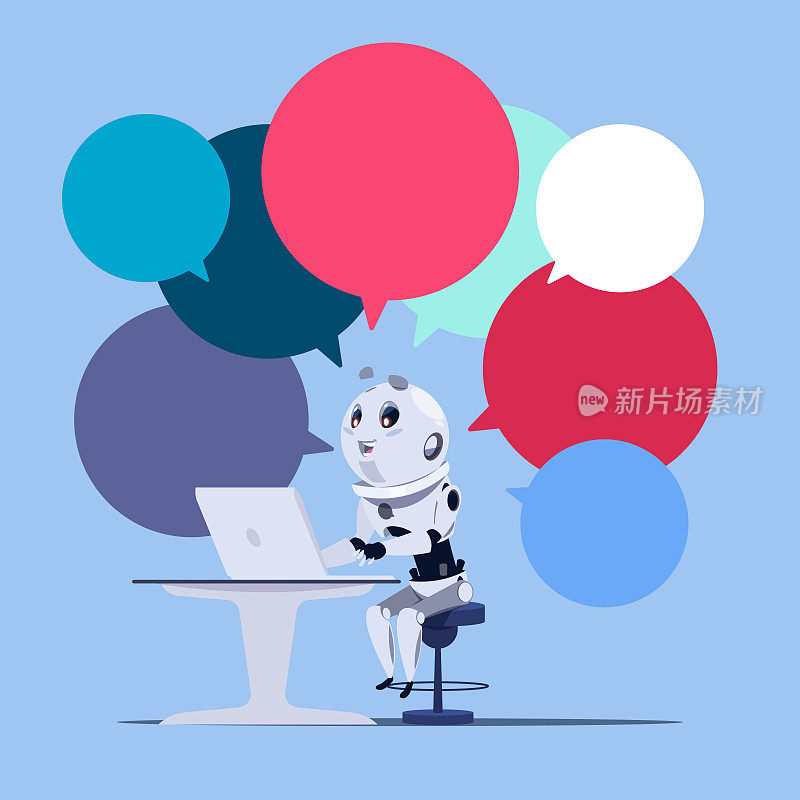 聊天机器人或聊天应用可爱的机器人使用笔记本电脑模板横幅与彩色聊天气泡聊天机器人技术，虚拟技术支持服务概念