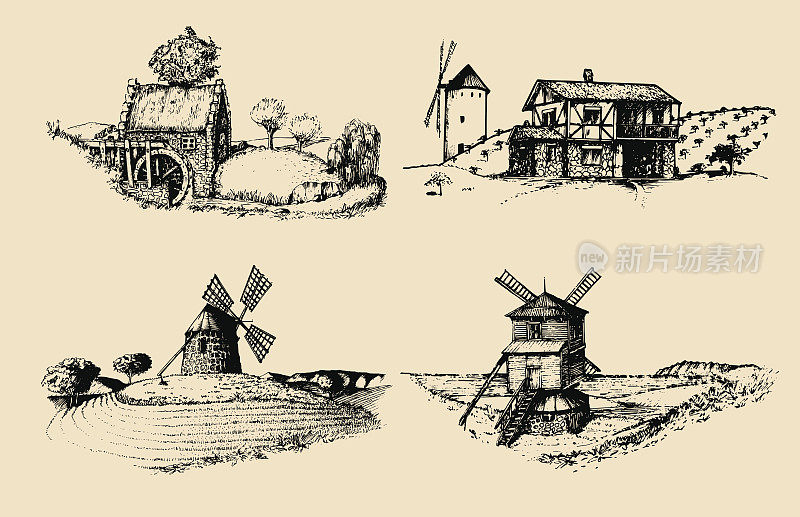 手绘古老的乡村磨坊的形象。矢量乡村景观插图集。欧洲乡村的海报草图。