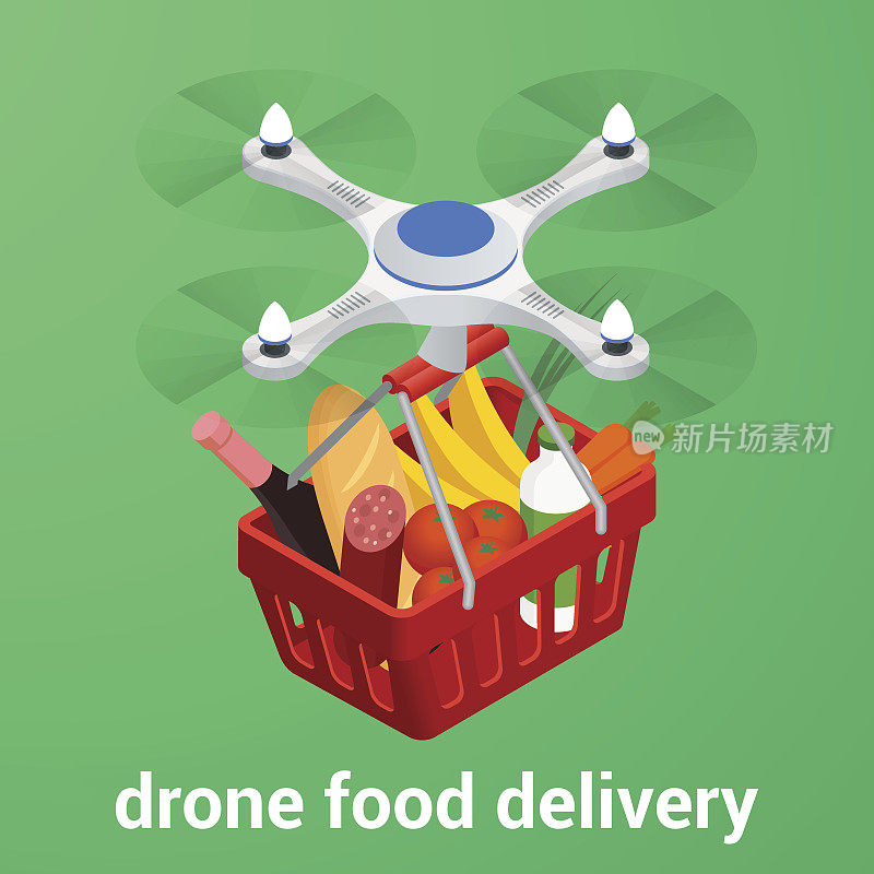 网上订餐网站的电子商务概念。无人机配送健康食品在线服务。平面等距矢量图。可用于广告、信息图表、游戏或手机应用图标