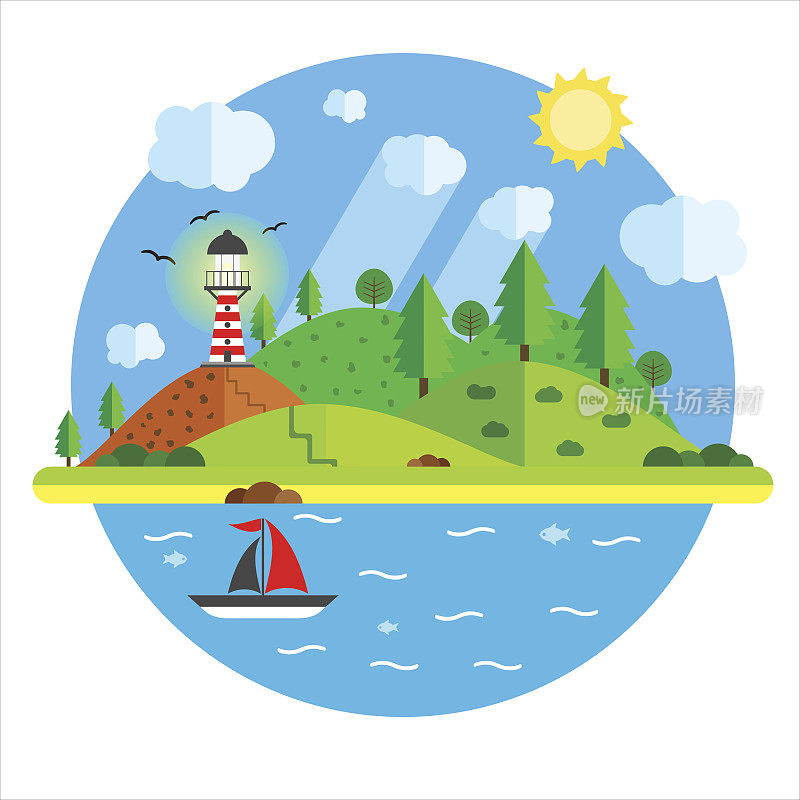 灯塔、山、树、山、鱼、帆船在海上度假。夏季假期航行概念。平面风格的插图。旅游的背景。