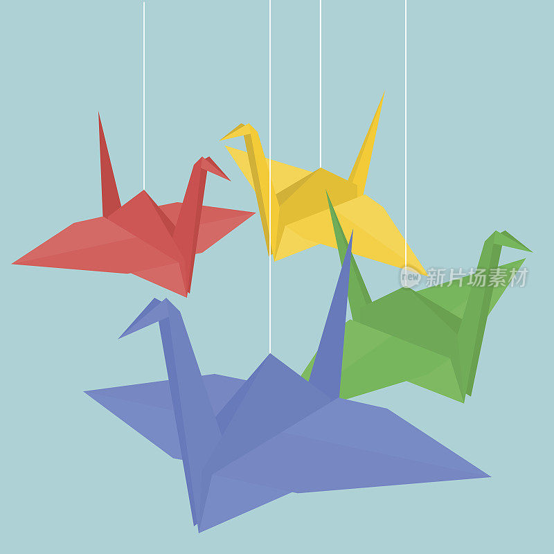 悬挂各种颜色的折纸鹤，平面设计矢量