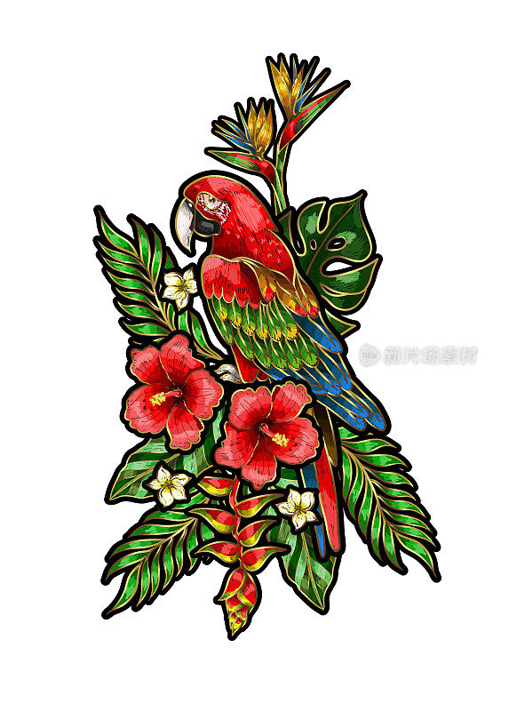 鹦鹉ara绣花补丁热带花和叶子。
