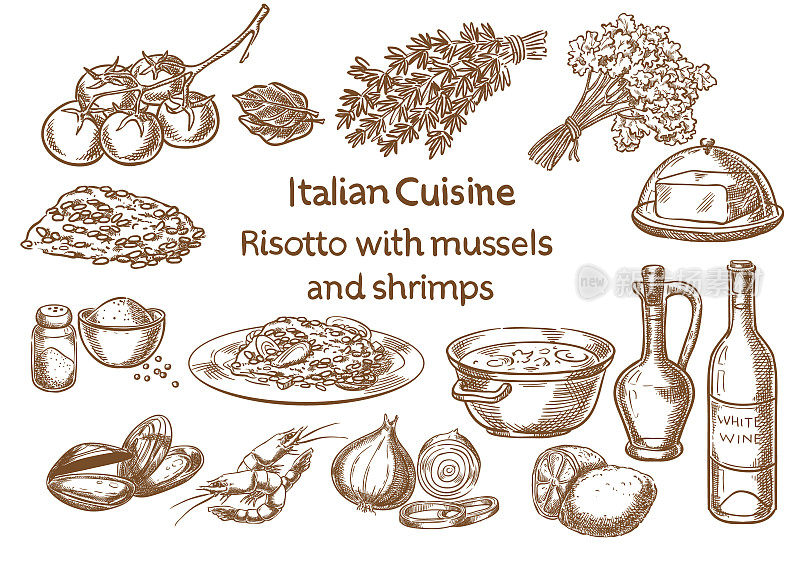 意大利菜。贻贝虾调味饭。