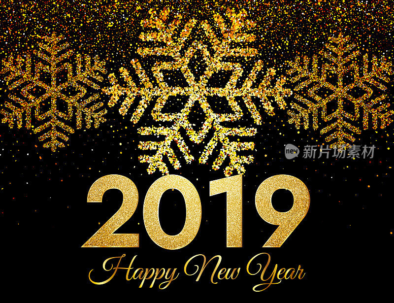 2019新年快乐。金色的纸屑和雪花在黑色的背景上。2019年新年贺卡。背景与金色数字，雪花和五彩纸屑。